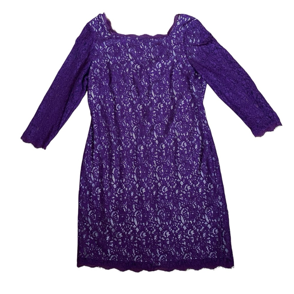 Adrianna Papell Size 16 Purple Lace 3/4 Sleeve Short Mini Dress Lined - EUC